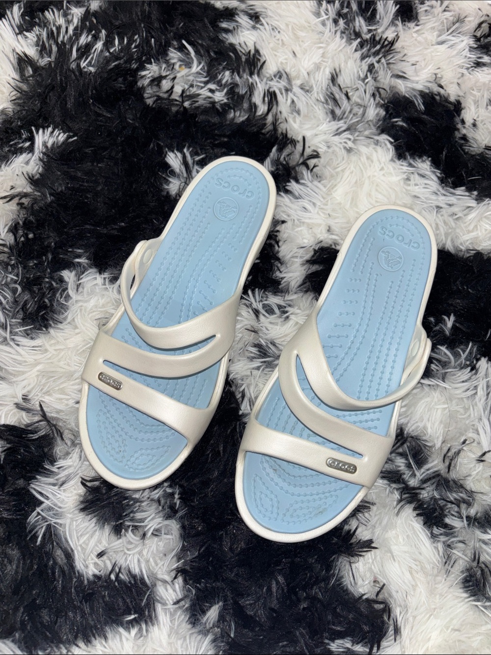 CROCS Women’s Silver Sandals with Light Blue Footbed